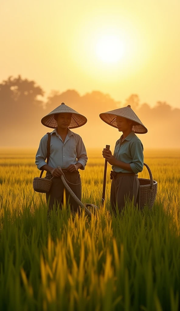 Early morning on the field: Image of An and Nam preparing tools for harvesting rice, with the pure morning light shining on the golden ripe rice field.