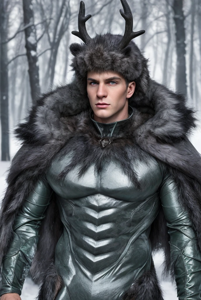 Handsome russian man. He is tall. Has muscular build. Gray shiny eyes (nearly white). Gray eyes. Spiky short degraphed hair. Dark brown (slightly green) hair tone. Wears a fur mantle (brown). Metallic purple baggy pants. He is a russian druid. Manly face, masculine face, shaved. Muscular. Spiky short degraphed hair. Gray eyes. He is in a creepy dark forest. Shiny gray eyes. Fur mantle. Russian druid. Brown briefs brown (low-rise speedo). Purple metallic pants. Green sashes. Brown briefs (on his trousers like a superhero).