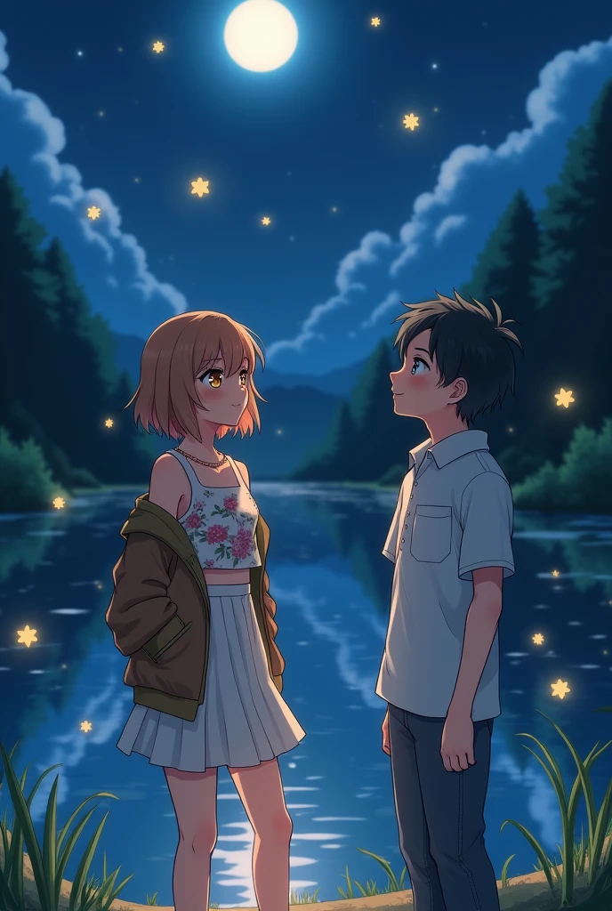 Background of a lake with floating lights in the sky while it's night. A light brown-haired girl, amber eyes, and a slight pink hue on his cheeks. With a white skirt above her knees, and a sleeveless, short floral shirt, with a leather jacket on top, but let it be big. a black haired boy, Blue-eyed, and some light freckles on his face, with a white shirt and jeans that aren't too tight. The girl is smiling with her head held high Towards the sky, watching the lights. The boy silently observes her with the corner of his right lip raised, in their eyes there's a glow, and they're in the distance 
