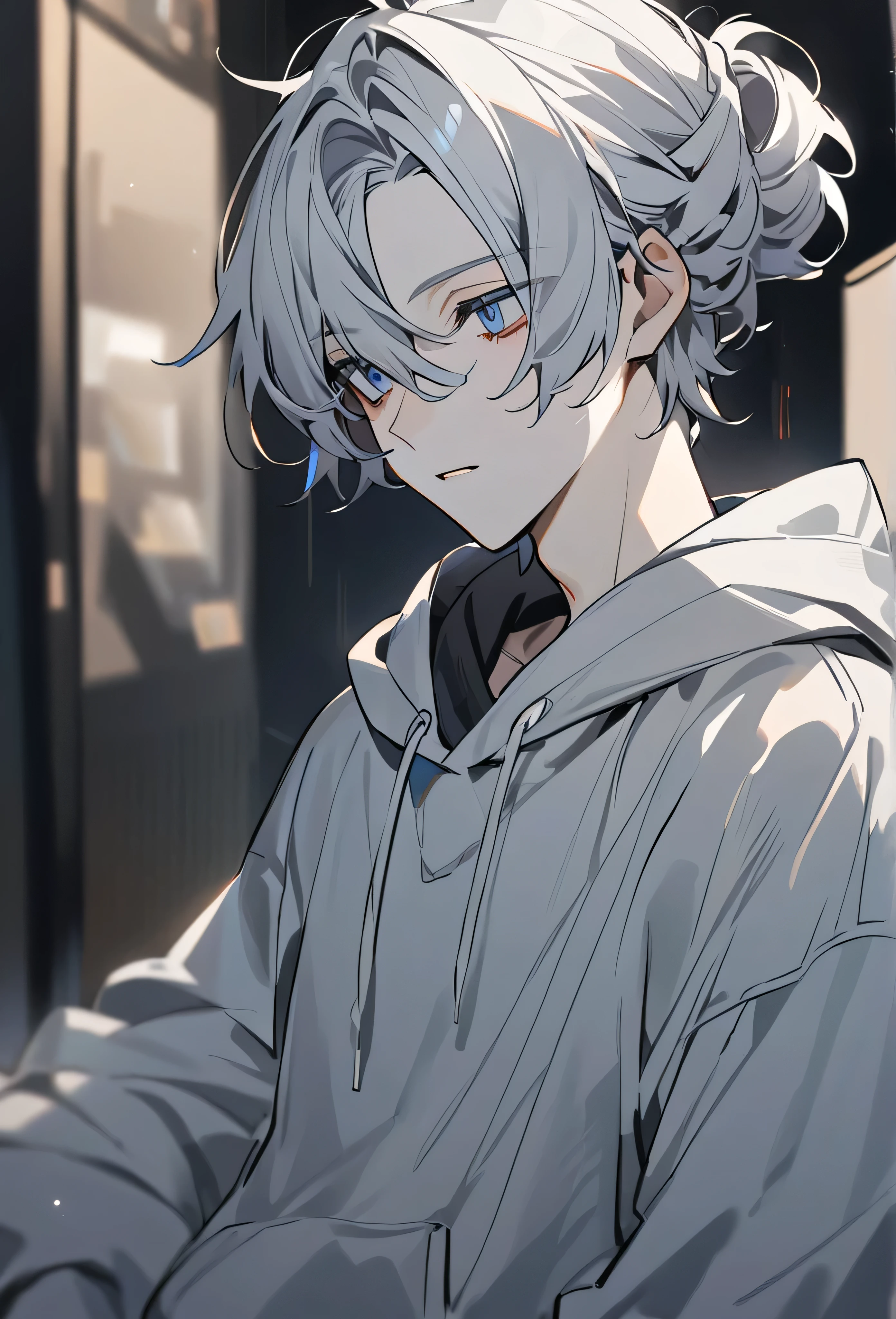 Man with shoulder-length white-gray hair in a mallow hairstyle, blue tired eyes, pale skin, wearing a grey hoodie