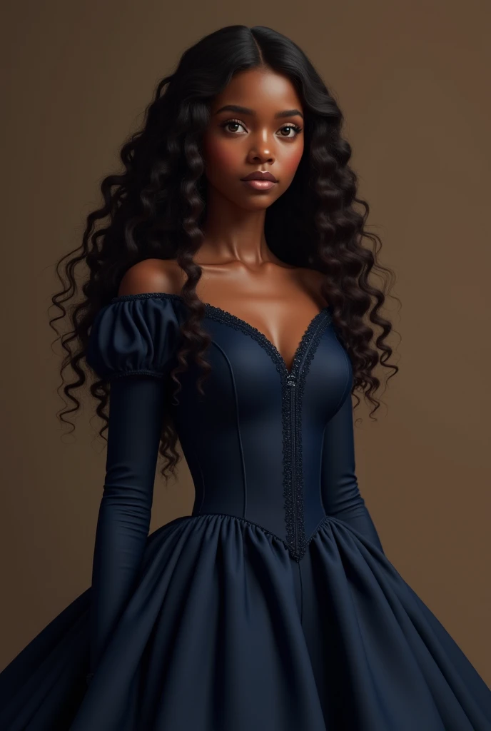 A girl with brown skin tone and curly long
hair.Wearing full sleeve navy blue gown,
Princess, descent and serious pose.