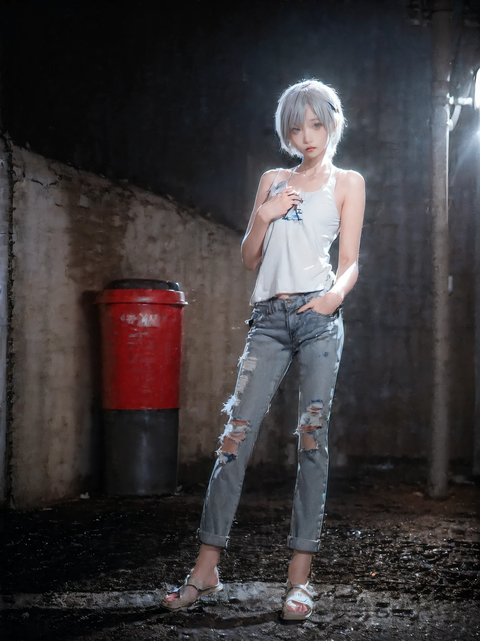 RAW Photos, 8k, (Highest quality), Realistic, (live-action, Intricate details), (Natural skin texture, Detailed skin, Hyperrealism, Sharpness), (Japanese teen girl standing in a dirty back alley at night, graffitied wall:1.3, Put your hands in your pockets), ((White tight tank top, Distressed denim pants, Low-rise buggy pants)), (((Flat Chest:1.5))) , (Pale skin), ((Gray Hair, short hair, Short bangs)), (Fascinating face, Lips parted:1.3), thigh, graffiti:1.5, trash can, at night, Spot lighting:1.3, Full Body Shot