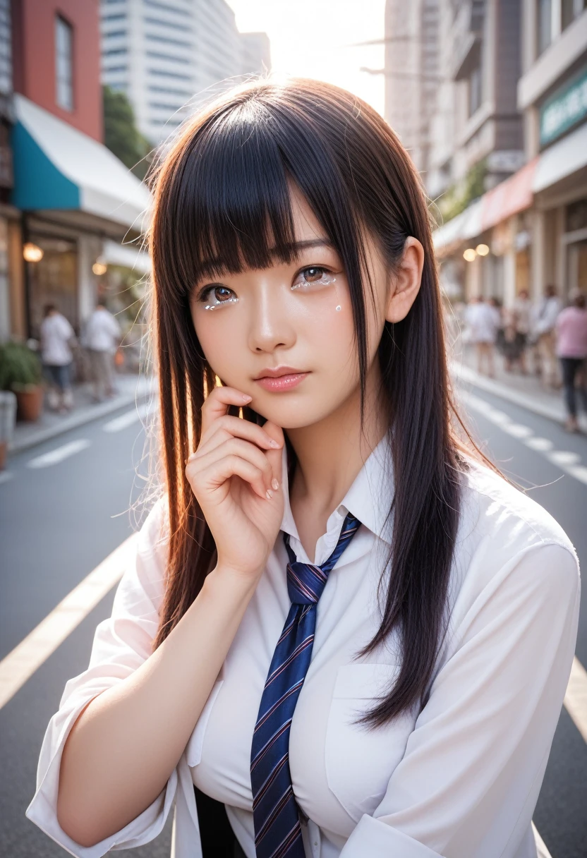 8k, raw photo, best quality, masterpiece, realistic, photo realistic, clear, professional lighting, beautiful face, best quality,ultra high res, realistic japanese beautiful, Super detailed, detailed fingers, solo,  1girl,  bangs, shiny hair, detailed hair, medium breasts, curvy, scenery,  casual wear, shinjyuku city, wiping tears