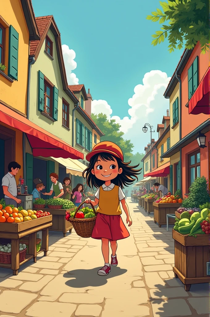 crrer une affiche de cinema , type bande dessiné des Martine de casterman en 1970 de gabriel Delahaye. on voit une de 8 ans faire le marché.
Le titre du film est " Emilie fait son marché à Entre-Deux-Guiers " " Le Vendredi"
