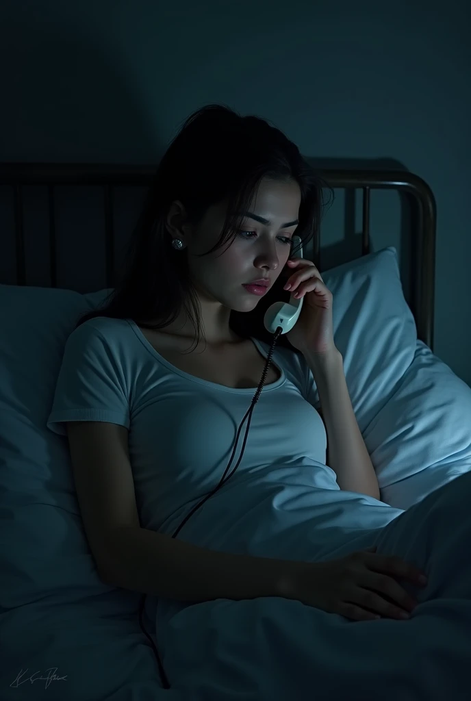 work of art, best qualityer, 1 girl, standing alone, effect, darkness background, night bedroom in a girl answering the phone in bed with a solemn expression