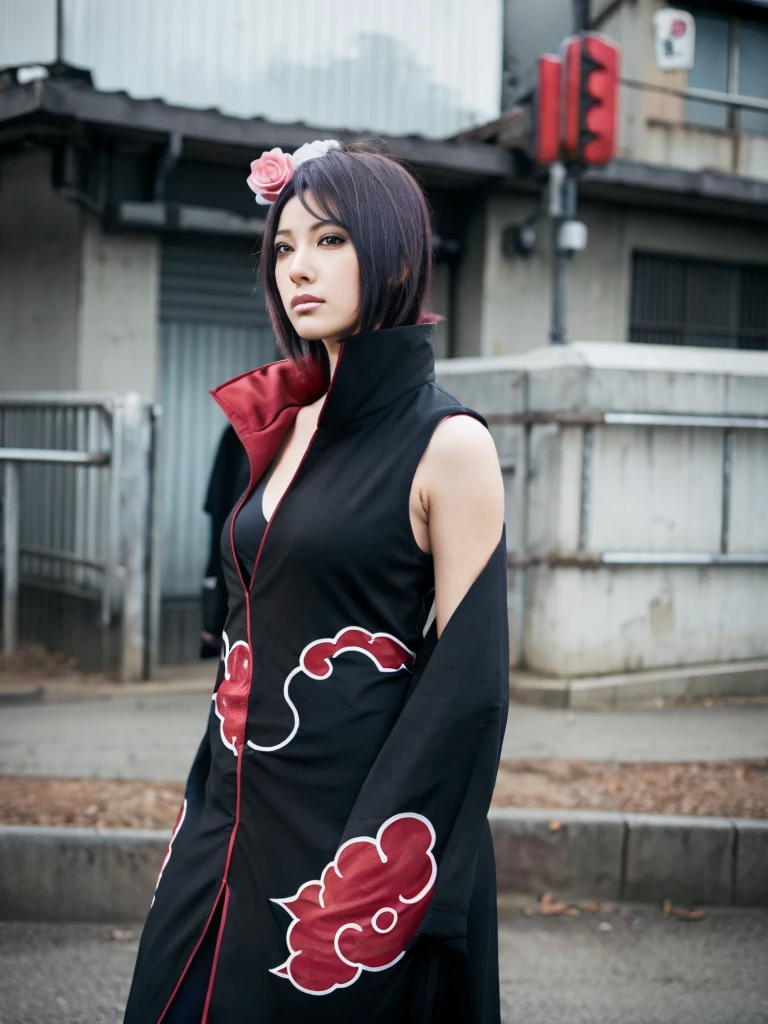 Konan stands from the side , Wearing the Akatsuki outfit ,  showing her cleavage, Looking towards the camera, seductive look , scenery:urban environment.