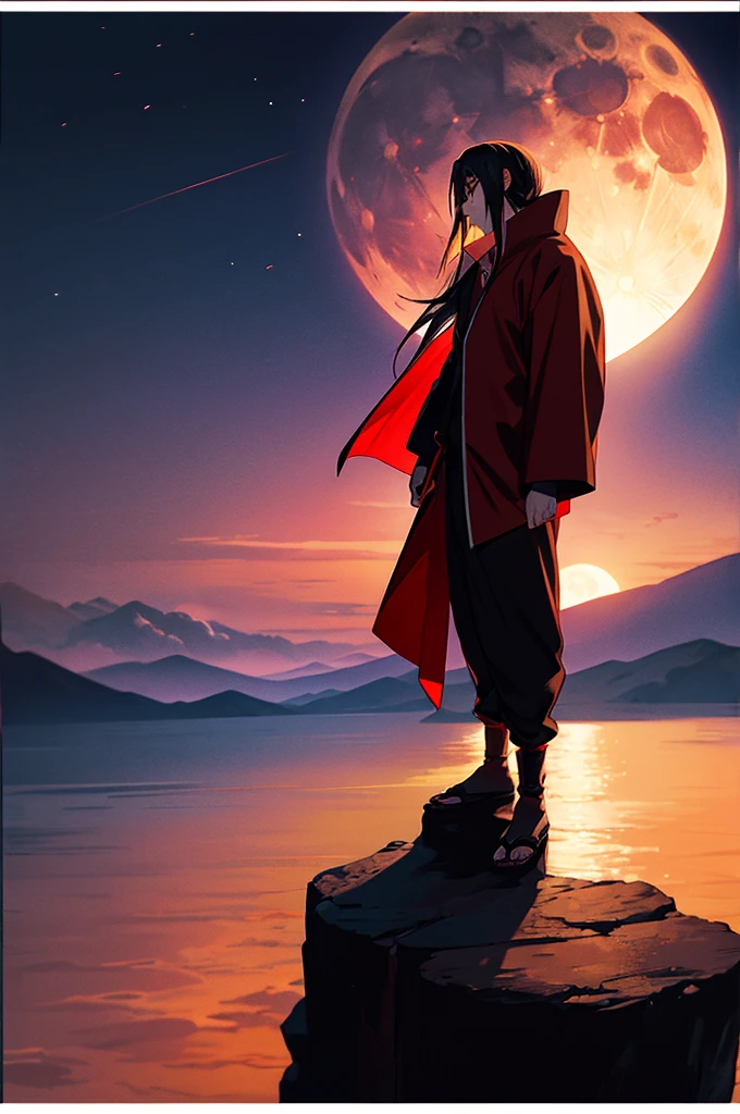 Itachi Uchiha standing on top of a cliff, overlooking a village, night time with a full moon, reflective expression, hd anime art.
