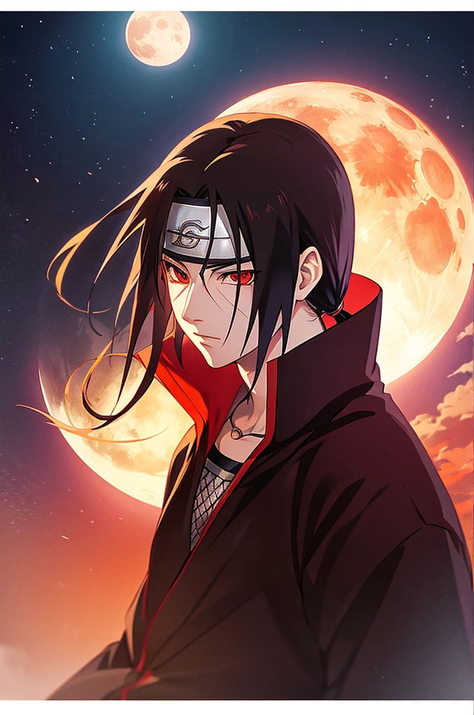 Itachi Uchiha standing on top of a cliff, overlooking a village, night time with a full moon, reflective expression, hd anime art.
