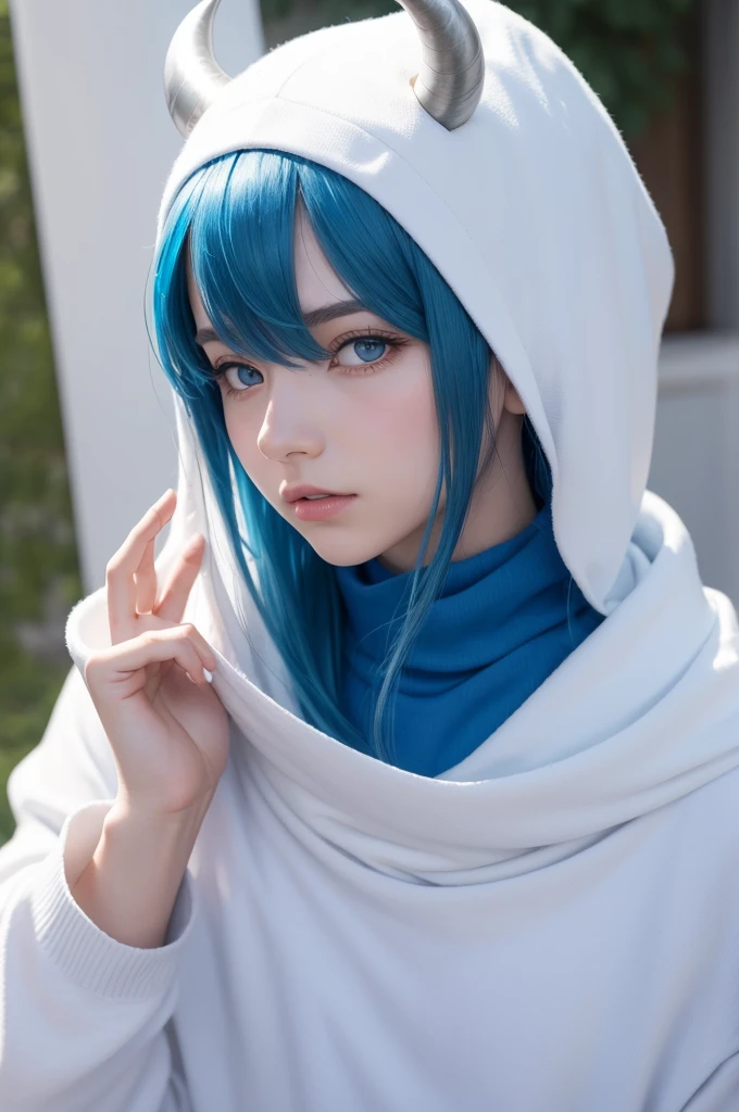 I want an image of a male boy with blue hair, he's not too big, he's average., Make him with horns, but the horns are covered with a white cloth. This cloth covers up to the neck, covering the face and leaving only a little of the hair visible. The image is anime.