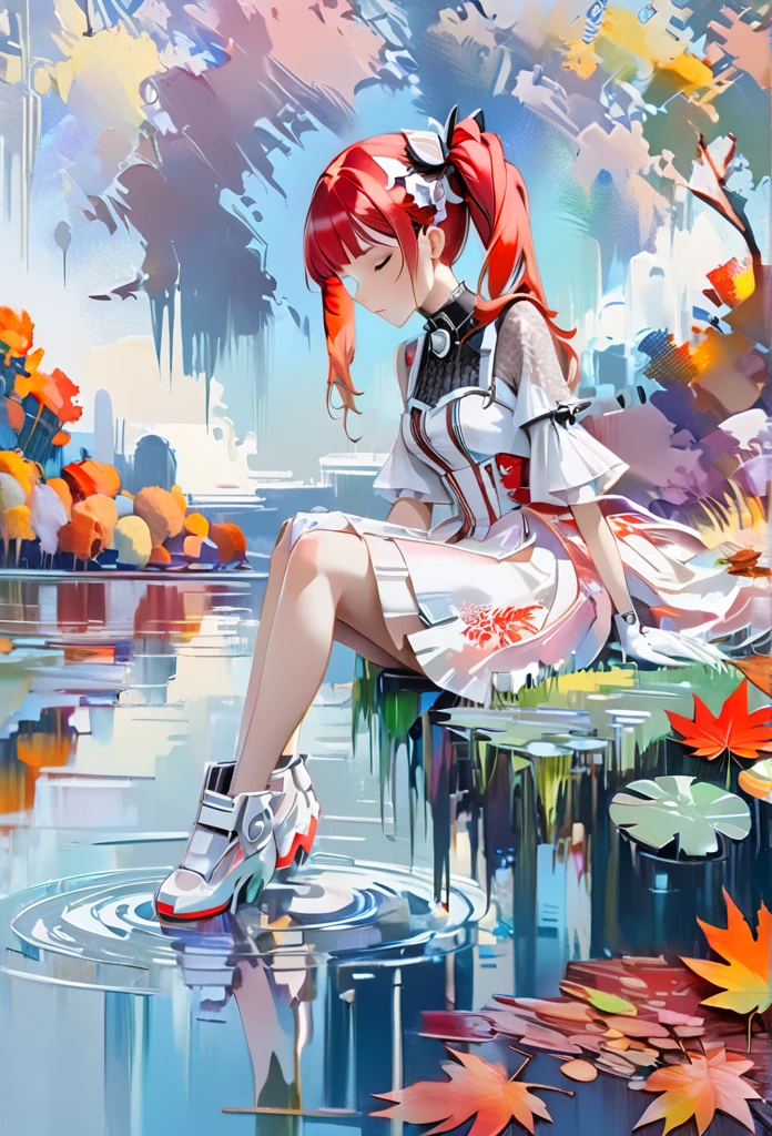 Painting the cyberpunk world with oil paintings, using impressionist colors, (pale colors:1.5 ) ,Monet's、A girl with red pigtails wearing a cyber chic dress Sleeping by the lake,The girl is very beautiful and pretty, about .Beautiful red hair in twin tails,The girl is wearing a cyber chic gothic lolita dress with red and white as the main colors.A girl is sitting by a beautiful lake in cyberspace and dozing off alone.holographic effect of lake surface,Around the lake, you can see the autumn leaves of trees floating in beautiful cyberspace.Beautiful expression of cyberspace,High quality, high precision image, masterpiece, best quality, 4k.8k. ultra detail, professionally painted oil painting,Mechanical Creatures