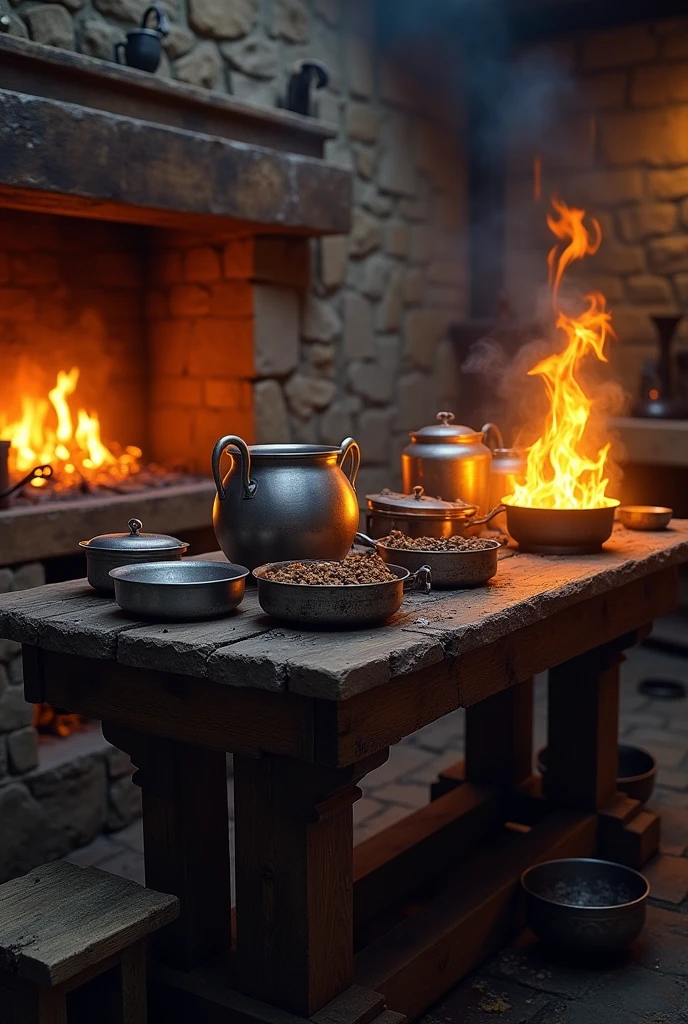 Medieval kitchen with pots catching fire, no people., focus only on the table