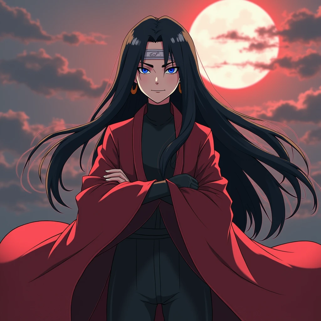 AAnimated picture in Ndemon slayer artstyle. On the picture there is a woman who looks like the female version of itachi uchiha. She has long hair and is dressed up like madara uchiha in 4. world war. She is also standing line him, armes crossed and has an evil psychotic laugh on her face. She stands in front of her enrmies. She smiles really hard. She is looking down on a warzone where her enemies are. She has exactly madara uchihas cloth on