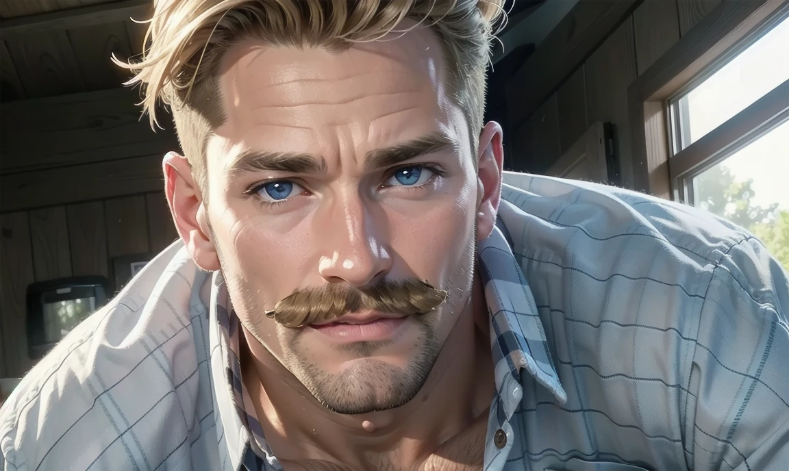 [((highly detailed, detailed eyes, detailed face, clear and realistic facial features, photorealistic, realistic light, cinematic)), ((((1 man)))), Mark is a handsome and alluring slender but muscular male farmer father aged 45 with short blond hair and a neat moustache and blue eyes and weathered skin, ((((middle-aged man)))), (((wearing a flannelette shirt))), ((((well-groomed blond moustache)))), ((sexy southern gay daddy farmer)), ((greying dark-blond hair)), (((heavily weathered sun-tanned face))), (((Mark has a seductive smirking look on his face and a slight blush on his cheeks))), There is a charming yet dry southern farm in the background, ((((expression of strong attraction on face))))]