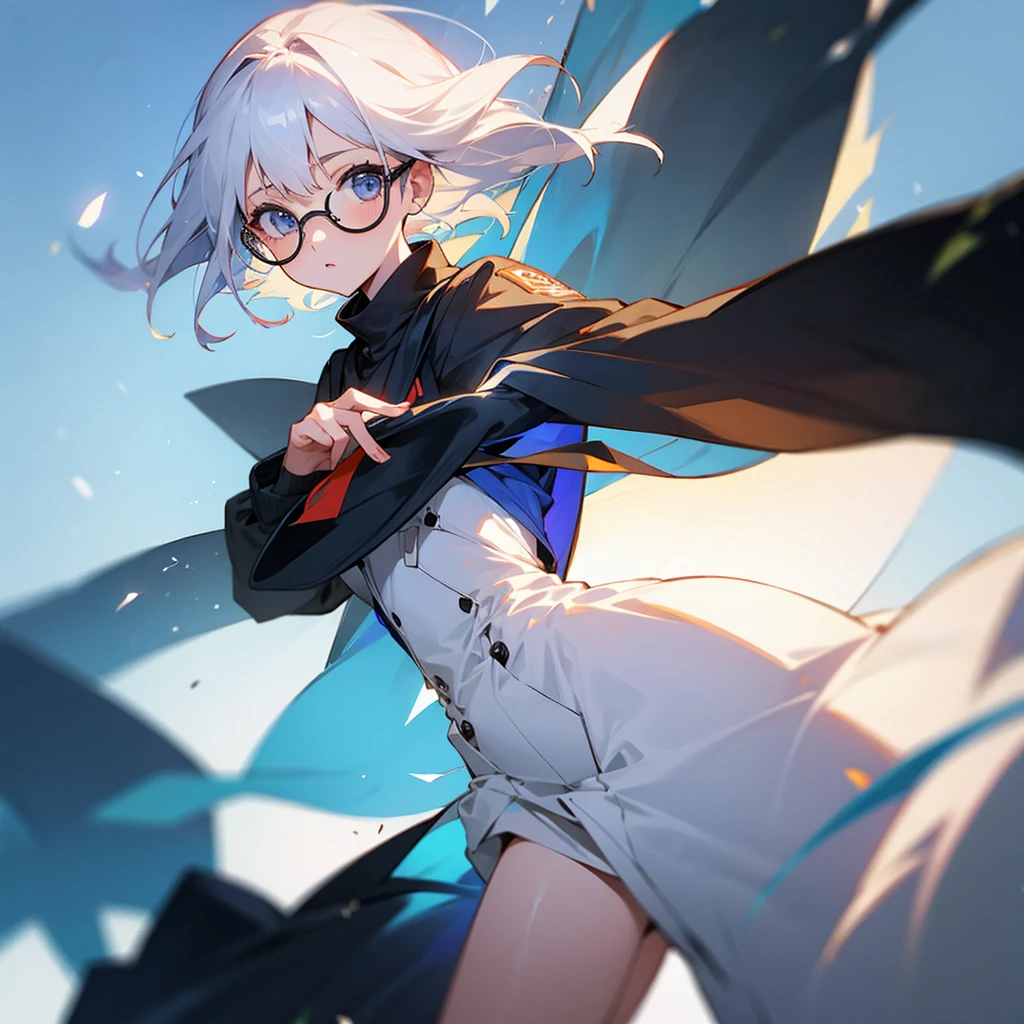 1girl, cute female, 5'4, longsleeve, short length white hair, early adulthood(20 years old), thin frame glasses, facing camera