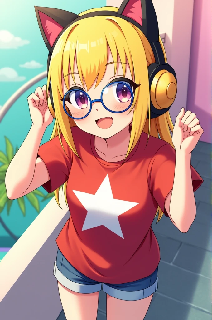 He/She has straight yellow hair,He/She wears cat headphones,He/She wears a red shirt with a white star in the middle,He/She wears shorts,has glasses,