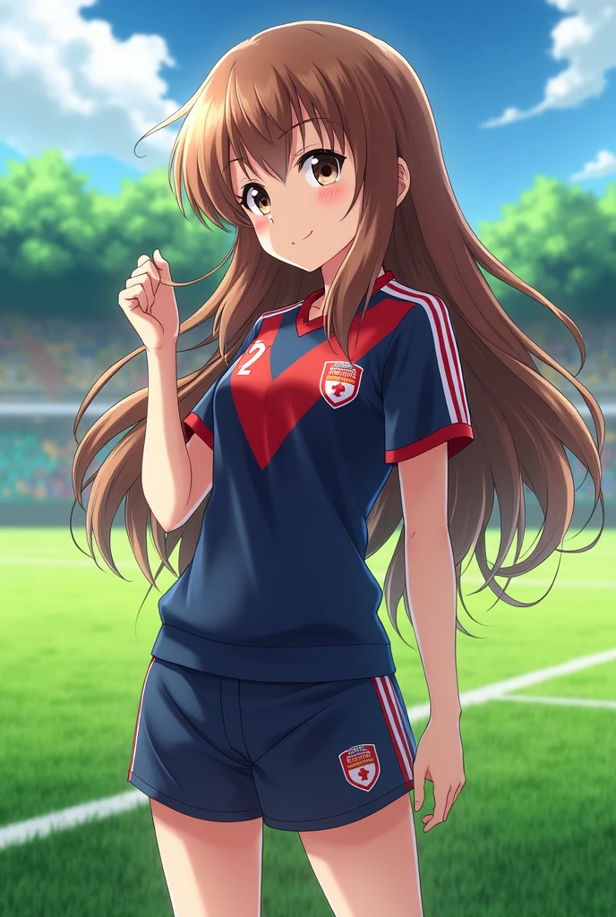 Fais apparaître une image inspiré de inazuma eleven d'une fille aux cheveux longs de couleur marron à la peau blanche qui porte la tenue de football de Raimon