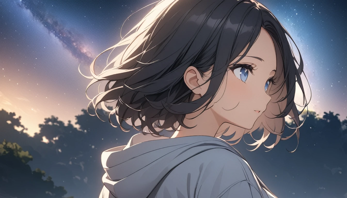 Starry Sky、milky way、A woman at the center、Black Hair、Short Hair、Hair blowing in the wind、Blue Eyes、Wearing a hoodie、Back view、Upper Body、Low - Angle