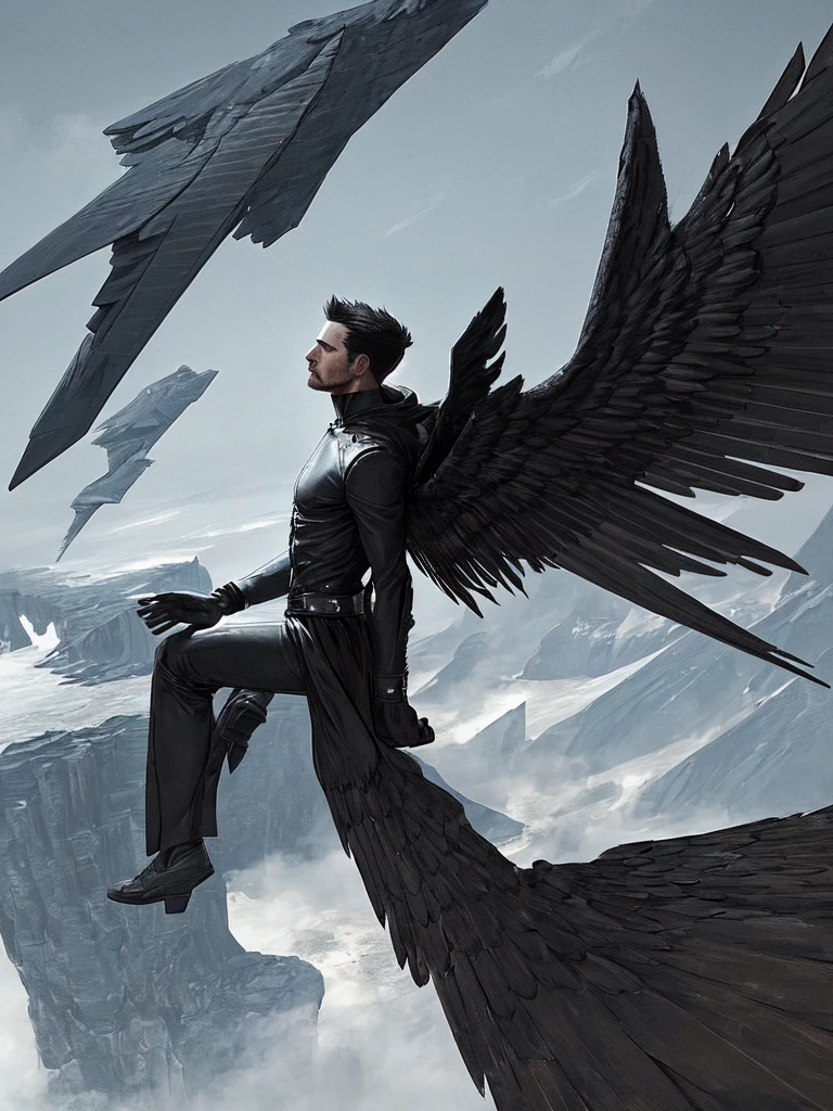 A man with jet-black wings, soaring through the sky, gazing down at a vast, uncharted continent. The composition is from a diagonal angle behind the man.