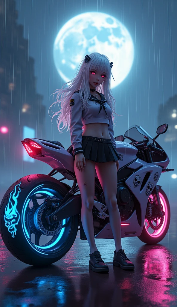 photorealistic,Realistic illustration in Modelshoot style,((masterpiece)),((The best quality)),((Ultra Quality)),((ultra detailed)),((1girl long white hair)),((Only)),((waifu:1.5)),Perfect anatomy,perfect hands,beautiful cuerpo,beautiful_method,ulzzang-6500-v1,e-chica,((Exceptionally Beauty 17-year-old Waifu posando na frente de uma motocicleta futurista)), ((the motorcycle has skulls and blue flames highly detailed graphics)), ((night scenery with full moon in the background, she is wearing a Uniform with skulls and flames and Sailor Miniskirt, Pantyhose)), HDR, epic realism, high-octane rendering, obra de arte,,((bright-pink_eyes)),long wavy hair,hair clips,eyeliner,cute makeup,lipstick,Glossy lipstick,with a look of terror, worry and sadness,((eyes detallados perfectos)),rainy with fog outside,evening,pink theme,bioluminiscencia,light particles,((Extremely CG Unity 8K Wallpaper)),((cinematic lighting,Best quality lights)),intricate details,Suave,sharp focus,Extremely beautiful and aesthetic,Octane rendering,Full length portrait,damp skin,((Perfect detailed body)),