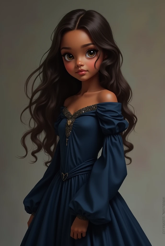 A girl with brown skin tone and curly long
hair.Wearing full sleeve navy blue gown,
Princess, descent and serious pose.