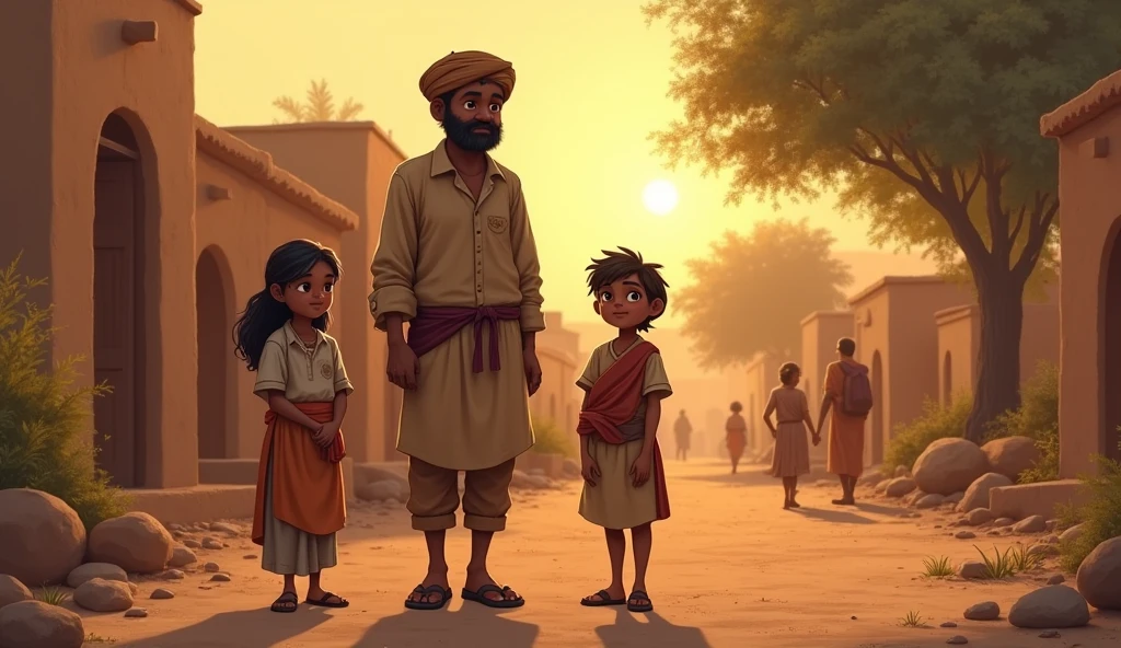 Village Scene with Kishan and Family: A peaceful small village in Rajasthan with traditional mud houses, narrow lanes, and a few scattered trees. In the foreground, Kishan, a young man in his early twenties with rugged features, is seen with his father, a weathered man with a tired yet determined look, and his younger sister Suman, a delicate girl of about . The family is dressed in simple, traditional Rajasthani attire. The background includes a few villagers going about their daily tasks, and the setting sun casts a warm, golden glow over the scene.