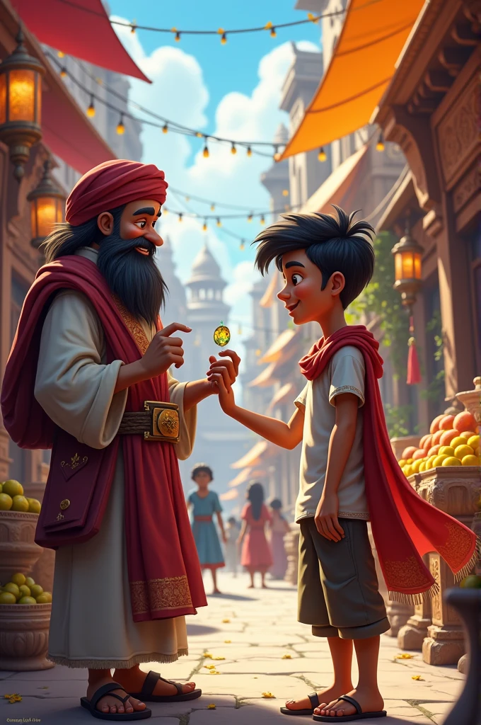 A bustling marketplace in the city, with various vendors and shops, and Ram approaching a greedy-looking shopkeeper, holding up the gemstone with excitement.