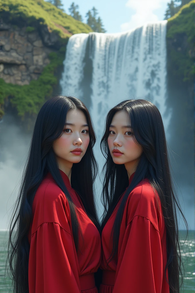 Twin sister infront of a waterfall wearing red tops, black hair hyper realistic 