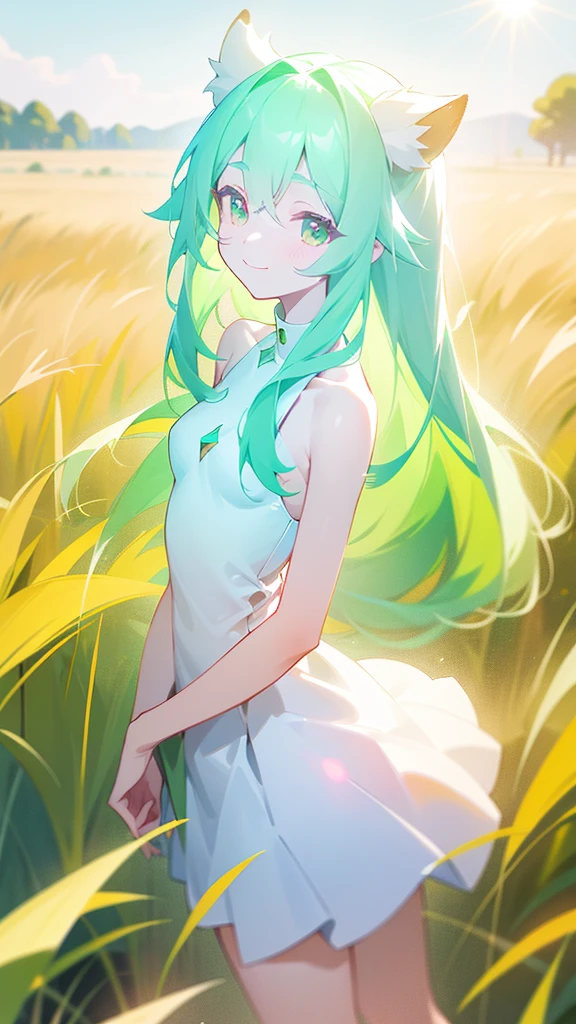 Kizi,((body small)),Little white dress. hair green,long hair,eyes locked,,standing alone,cute,happy face,ssmile,blush,cowboy shot,(standing in a field of grass,lighting sun),(shinny body) breasts small. White horns and white tail