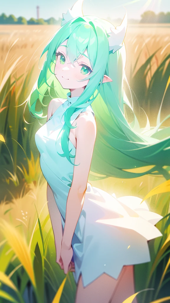 Kizi,((body small)),Little white dress. hair green,long hair,eyes locked,,standing alone,cute,happy face,ssmile,blush,cowboy shot,(standing in a field of grass,lighting sun),(shinny body) breasts small. White horns and white tail