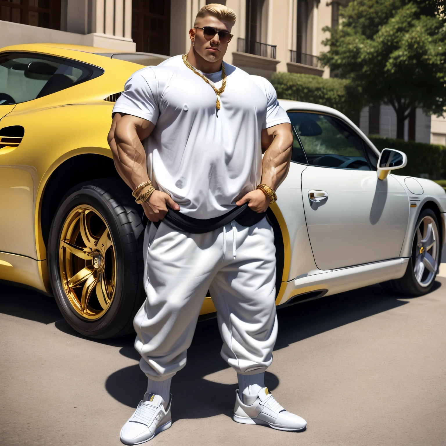 full view full body, one handsome wealthy chubby fat young white boy with hyper stylish blonde short undercut haircut, hype-fashioned oversize baggy pants showing CK waistband, oversized Gucci shirt, gold-silver-white hype chunky white Balenciaga designed sneakers , white 'OverPed' socks, hype styled rings, bracelets, necklaces, coming back from school to his rich mansion next Boston, getting out his white gold Porsche