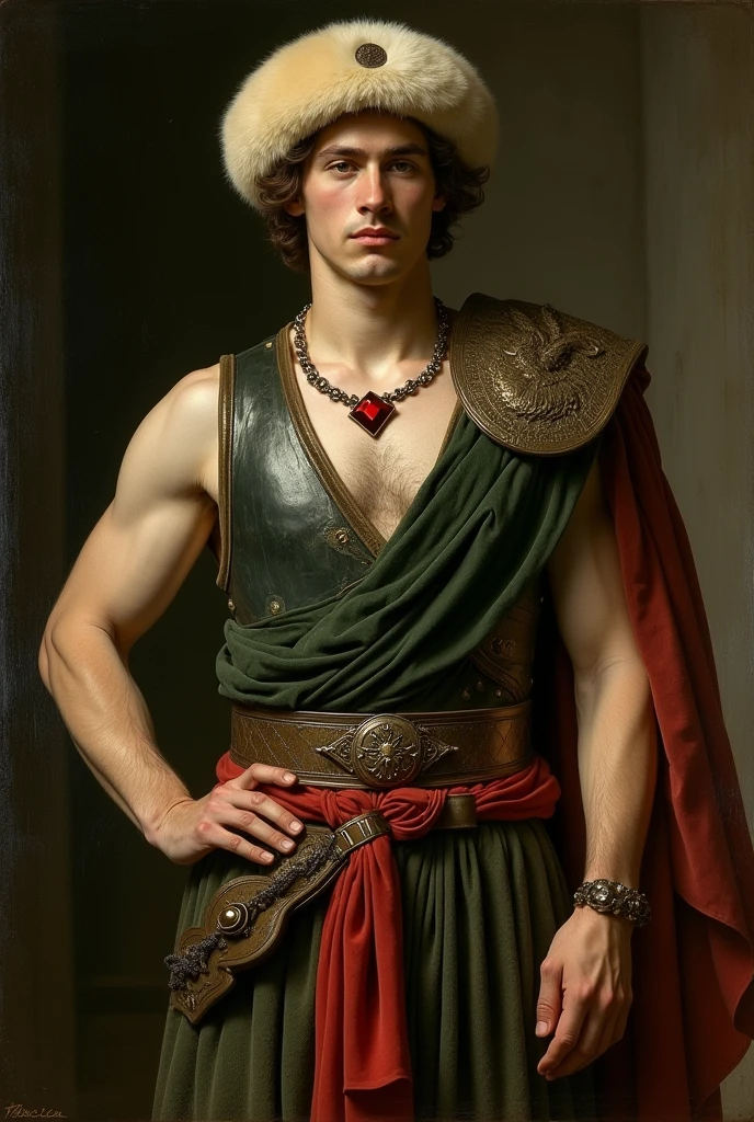 {{Masterpiece, best quality, oil painting, by Théodore Géricault, male focus, muted colors}}, the composition is: (((((a dramatic half body portrait of a 18 year old ancient Roman gladiator, sexy, magnificent, wearing a beige Russian fur hat, he is wearing a red diamond shape pendant))))). ((((He is wearing a dark green lorica armor made of velvet, alligator leather, with ronin inspired elements, Slavic inspired elements, wearing a satin sash)))).