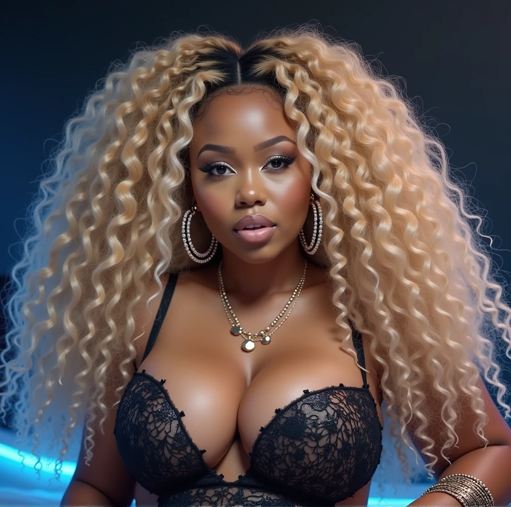 A photo of a light eyed 25 year old light skinned busty, voluptuous and curvaceous black woman with big long curly rusty blonde hair and hoop earrings and a large booty and large breasts with a slim waist and thick thighs, with a flirtatious facial expression, wearing naughty and revealing costumes and high heel shoes, realistic skin, boho-chic, full body, shot with Sony Alpha A6500 1.4f, highly detailed, large cleavage, au naturel, masterpiece 4k UHD, laying on her bed with neon lights on her luxury home, dim lighting