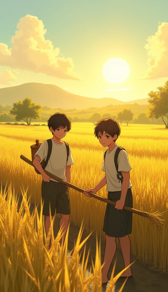 Early morning on the field: Image of An 18 years old and Nam preparing rice harvesting tools, with the pure morning light shining on the golden ripe rice field.