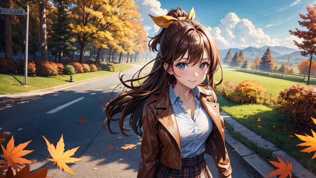 1girl, solo, trees, sun, clouds, autumn, colorful trees, falling leaves, ((brown hair)), ponytail, large breasts, ((brown leather jacket)), button down shirt, ((blue checked shirt)), ((unbuttoned shirt)), unbuttoning buttons, cleavage 1:3, blue eyes, long skirt, brown boots, smile, happy, looking at the viewer, walking, upper view, hair ribbon, golden necklate