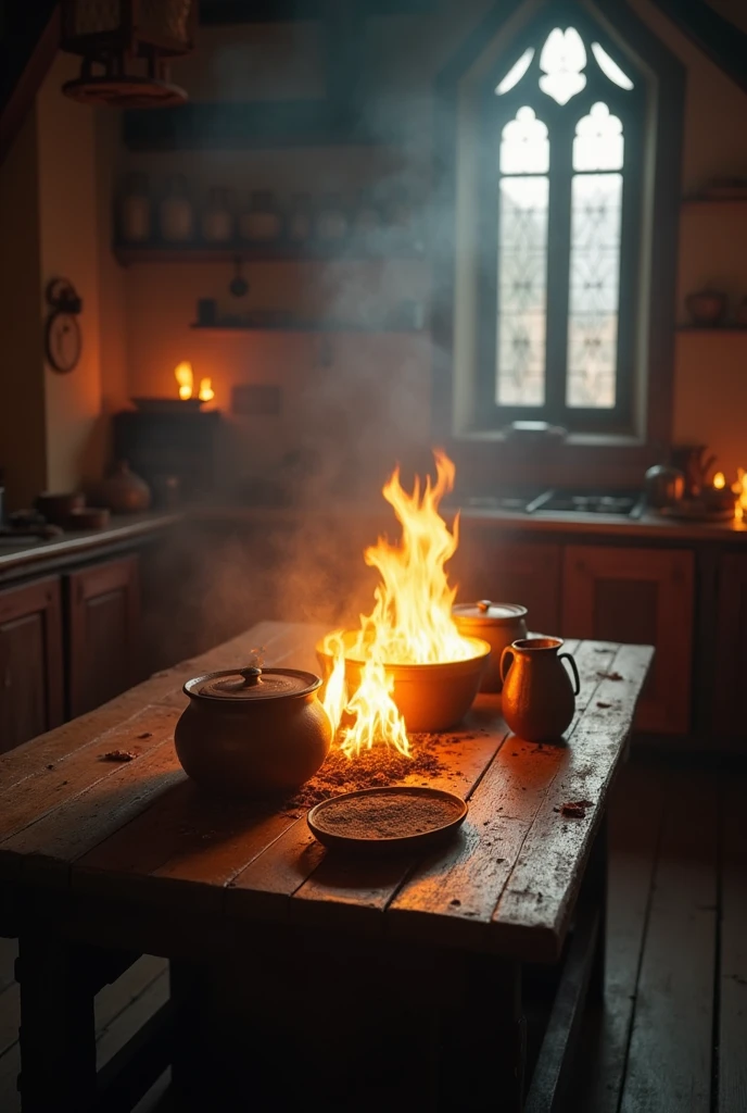 Medieval kitchen with pots catching fire, no people., focus only on the table, with the image a bit blurry