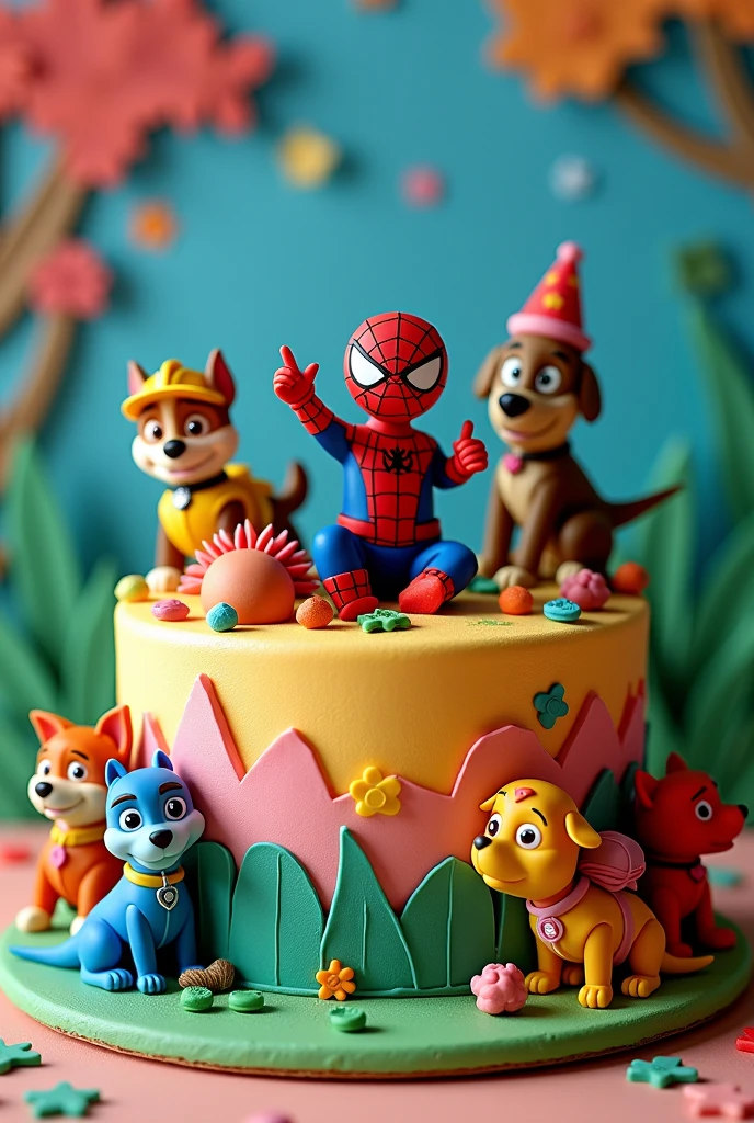 Spider-Man birthday party cake, with the paw patrol and dinosaurs on paper