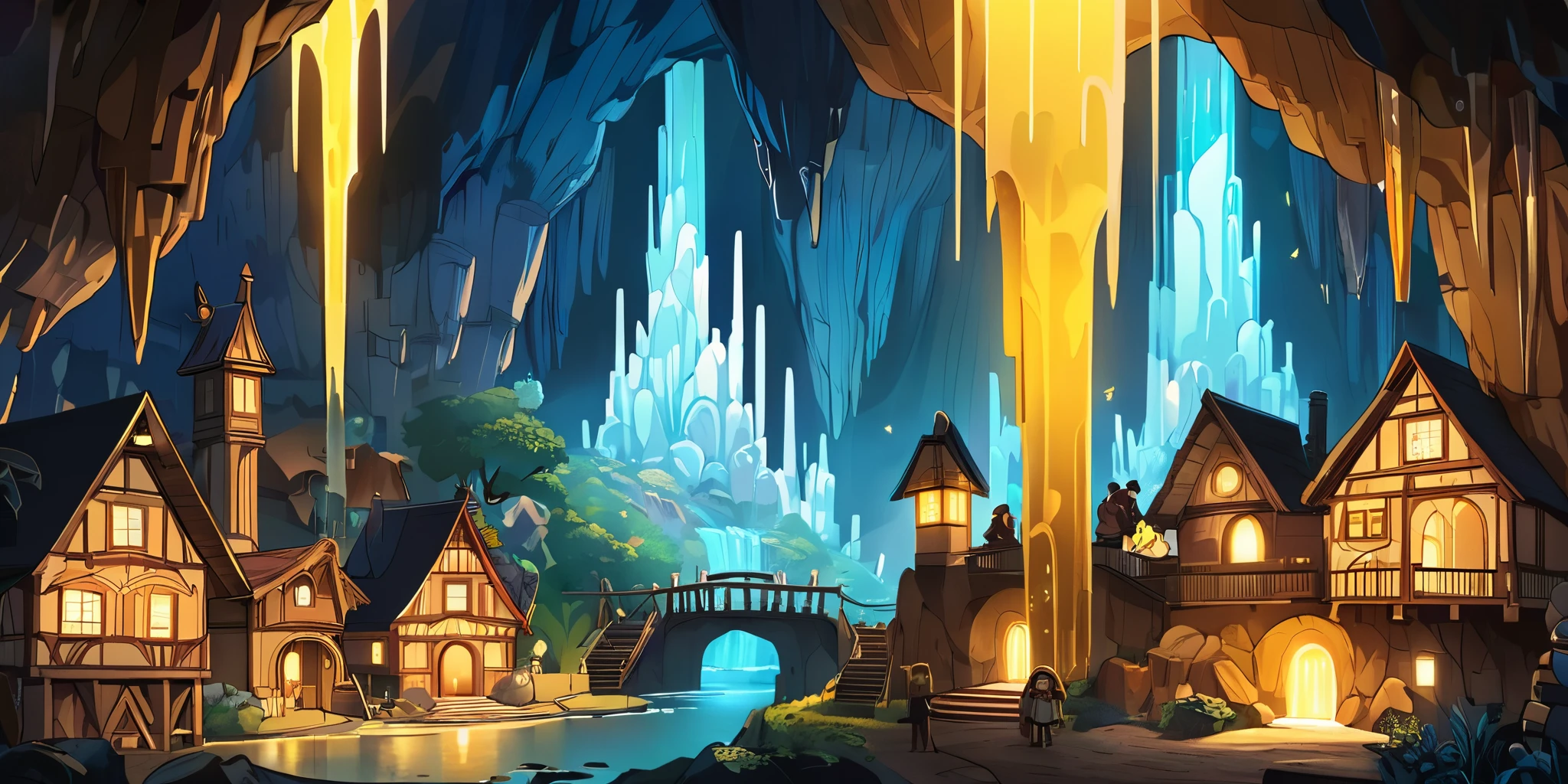 Draw a lofi anime poster, village, Steam punk, grotte, décoration de fée, cascade lumière, stalactite, stalagmite, belle palette de couleurs marron jaune, couleurs saturées vibrantes, œuvre d'art, Aucun humain, thème anime