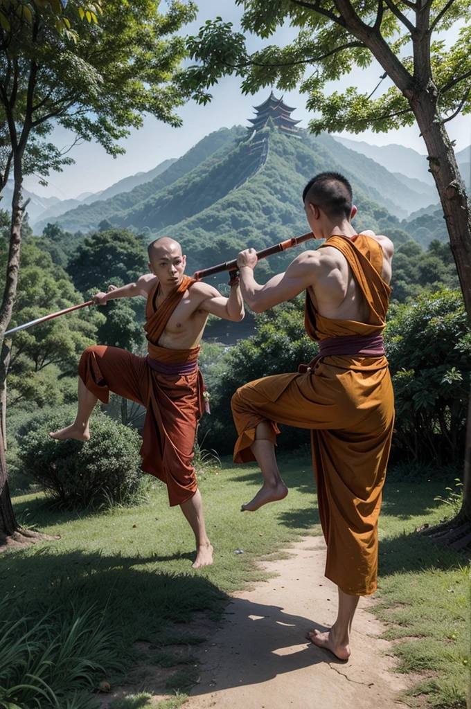 two wushu monks, barefoot, fighting with glamorous wuxia pose, with a chinese palace and forest in the background