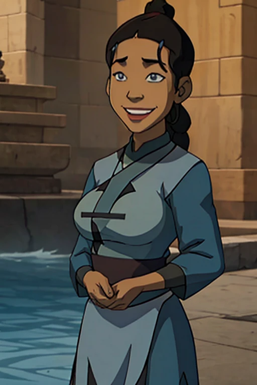 Katara from avatar the last Airbender dresses as Joo Dee with large breasts and smiling