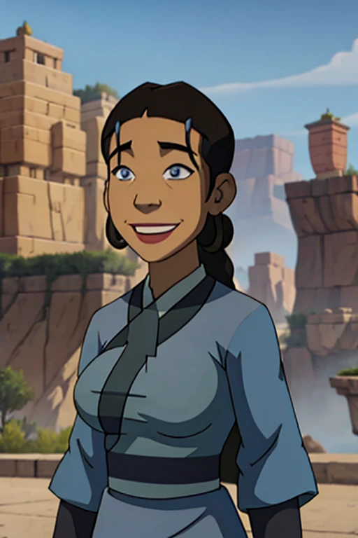 Katara from avatar the last Airbender dresses as Joo Dee with large breasts and smiling