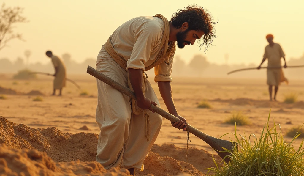 Kishan Working Hard in the Fields: Kishan, dressed in a simple white kurta and dhoti, is working tirelessly in the fields under the scorching sun. His hands are rough and calloused from hard work, and sweat drips from his forehead as he uses a plow to till the soil. The dry, cracked earth of Rajasthan surrounds him, and in the distance, his father is also working hard, mirroring Kishan's determination. A small patch of green crops adds a hint of hope to the arid landscape.