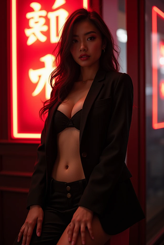 "MITOYA"It's written there,dark skin,abs:1.5,Japanese women、Beautiful woman、Photorealistic、Voluptuous body、Developed abdominal muscles、Expression of pleasure、hands on knees、movie lighting,sign"MITOYA",formal suits:1.33,Spotlight is on、bright、Voluptuous body、Underarm、Sexy pose、Fashion Model、