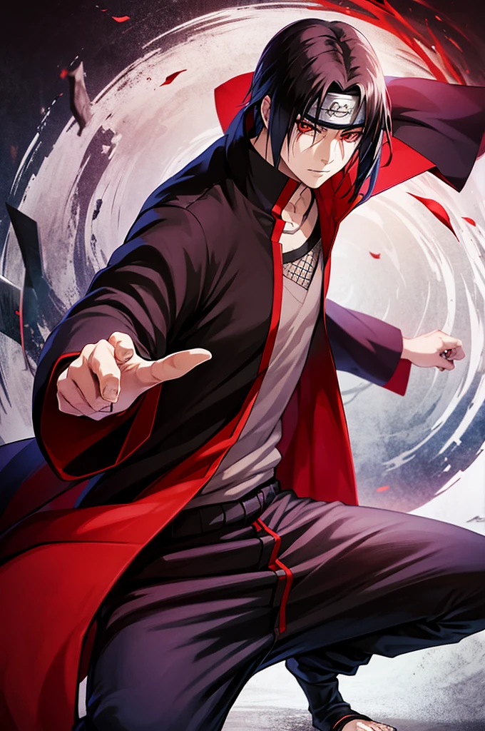 Itachi Uchiha in a fierce battle with Kabuto Yakushi, dynamic action pose, underground cave setting, hd anime art.
