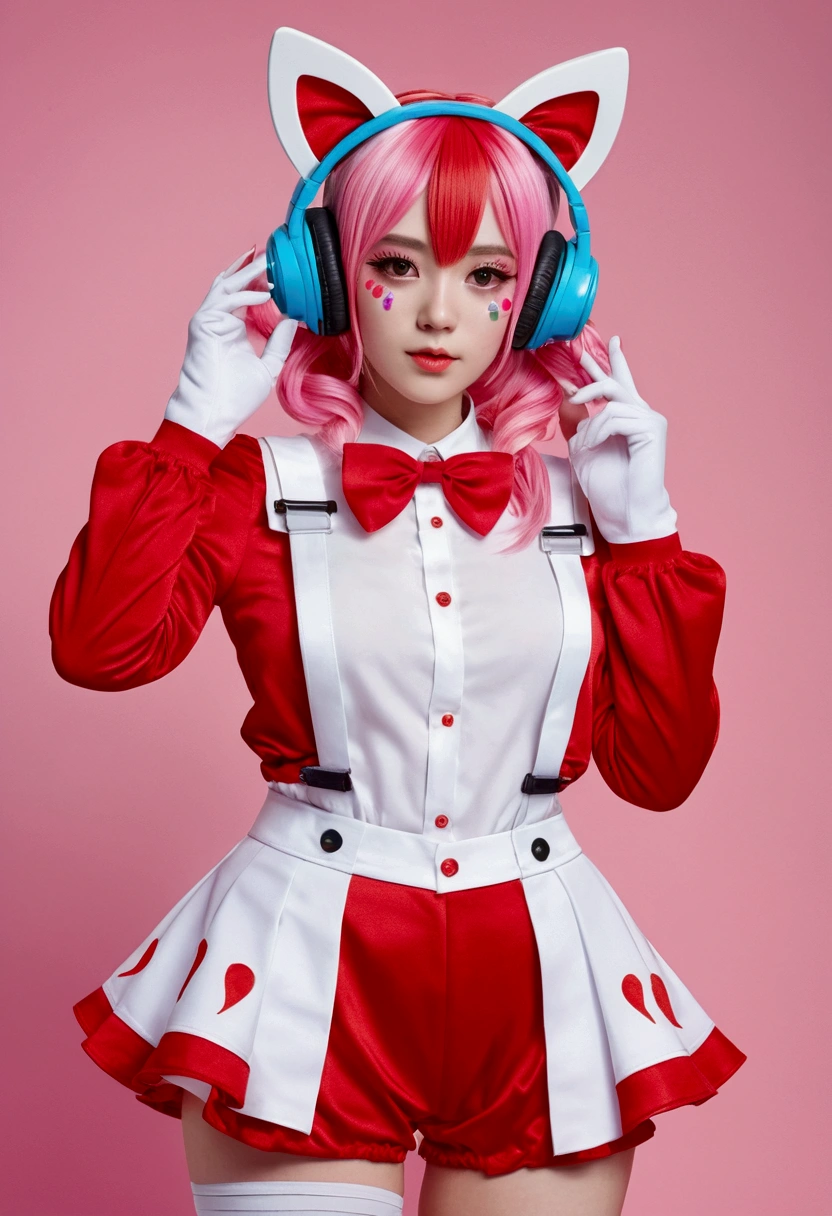 Y2K style full-body photo, headphones with cat ears, wear red and white candy-colored clothes, a close-up of a 1, pink gradient hair, kawaii decora rainbowcore, decora inspired, and Y2K cute clown core, beautiful and detailed Delphine, full armor, wear matching red and white clothing, anime vtuber full body model, complete body image, fully body photo, dollpunk, Live2D virtual Youku main model, candy girl, fully body photo. (Best quality, 4K, 8K, high resolution, Masterpiece:1.2), Ultra-detailed, (Realistic, Photorealistic, photo-realistic:1.37), hdr, hyper HD, fully body photo, studio lighting, Ultra-fine painting, sharp focus, Physically-based rendering, extreme detail description, professional, vivid colors, Bokeh, sportrait, creative photography, vibrant colors, soft aesthetic, fantastical atmosphere, and soft lighting. fully body photo.