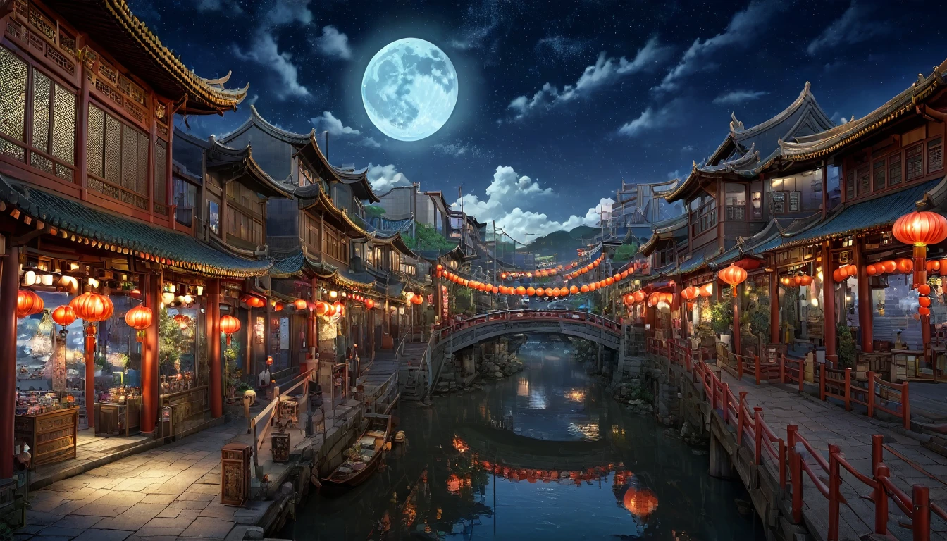 ​masterpiece, top-quality, depth of fields, high details, 8K, anime a night scene of china town, lots of shop outlets, chinese lanterns, detailed background, high angle view, beside a river, wooden boats, a large bridge on the front, moon,