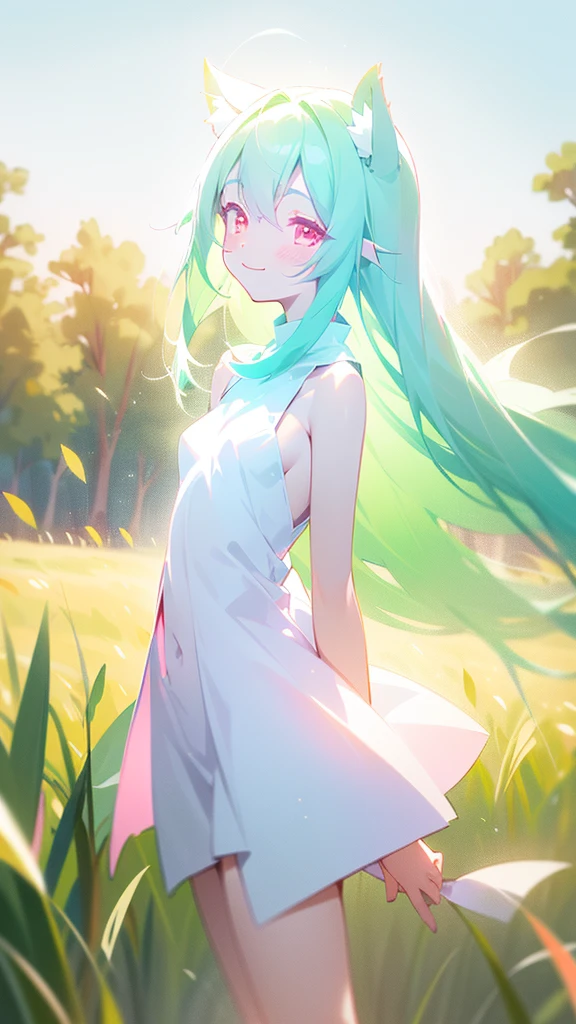 Kizi,((body small)),Little white dress. hair green,long hair,eyes locked,,standing alone,cute,happy face,ssmile,blush,cowboy shot,(standing in a field of grass,lighting sun),(shinny body) breasts small. White horns and white tail. Pink eyes. Black marks on the leg 