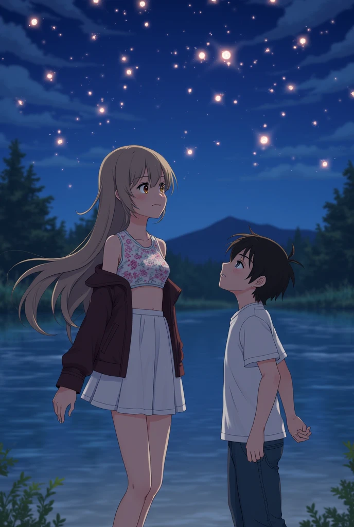 Background of a lake with floating lights in the sky while it's night. A light brown-haired girl with long hair, amber eyes, and a slight pink hue on his cheeks. With a white skirt above her knees, and a sleeveless, short floral shirt, with a leather jacket on top, but let it be big. a black haired boy, Blue-eyed, and some light freckles on his face, with a white shirt and jeans that aren't too tight. The girl is smiling with her head held high Towards the sky, watching the lights. The boy silently observes her with the corner of his right lip raised, in their eyes there's a glow, and they're in the distance 
