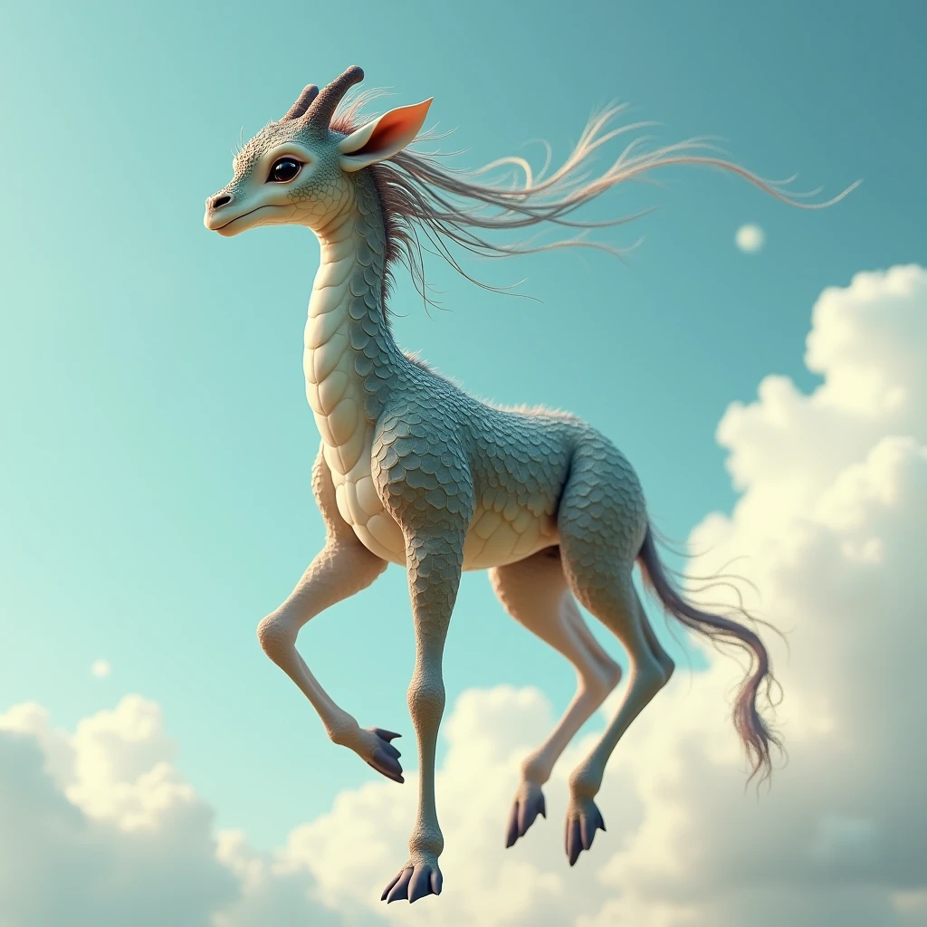 Short-necked giraffe、Has scales on its body、Has a mane、Floating in the sky