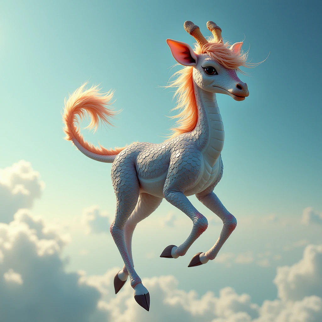 Short-necked giraffe、Has scales on its body、Has a mane、Floating in the sky