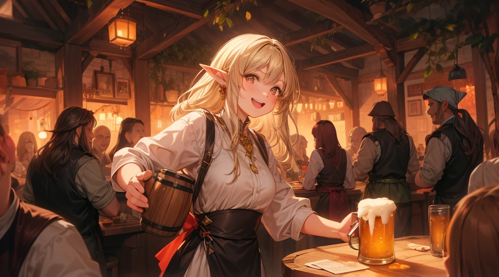 An illustrated scene set in a lively fantasy tavern at twilight. The focus is on a cheerful elf waitress, a young woman with long flowing hair and pointed ears, wearing a traditional tavern outfit. She is smiling warmly as she carries a large tray of mugs filled with beer, distributing them to a diverse group of patrons gathered around a round wooden table. The background shows a bustling tavern filled with various races, including humans, dwarves, and elves, all engaged in lively conversation. The setting is cozy, with a warm glow from lanterns and a large hearth, casting a soft, inviting light. The overall mood is vibrant yet warm, with a mix of soft browns, golds, and oranges to reflect the twilight hour.